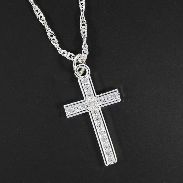 EQUILIBRIUM SILVER PLATED SPARKLE CROSS CHAIN NECKLACE