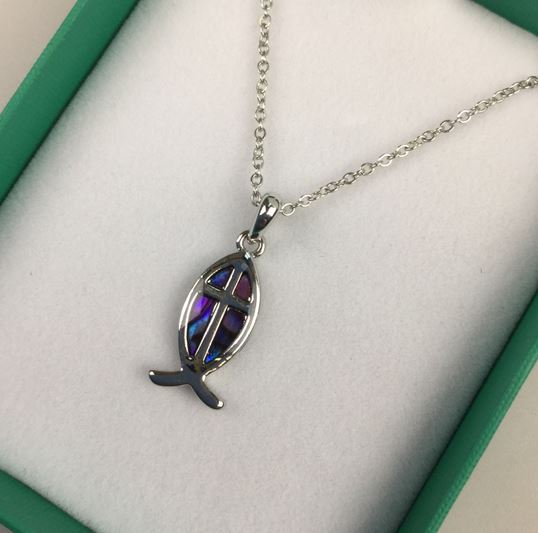 Inlaid Paua Shell Fish with Cross Pendant Purple 