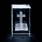 CRYSTAL GLASS BLOCK CROSS AND BIBLE