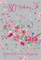 80TH BIRTHDAY CARD FLORAL BUTTERFLY