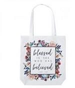 BLESSED IS SHE WHO HAS BELIEVED TOTE BAG WITH INSIDE POCKET